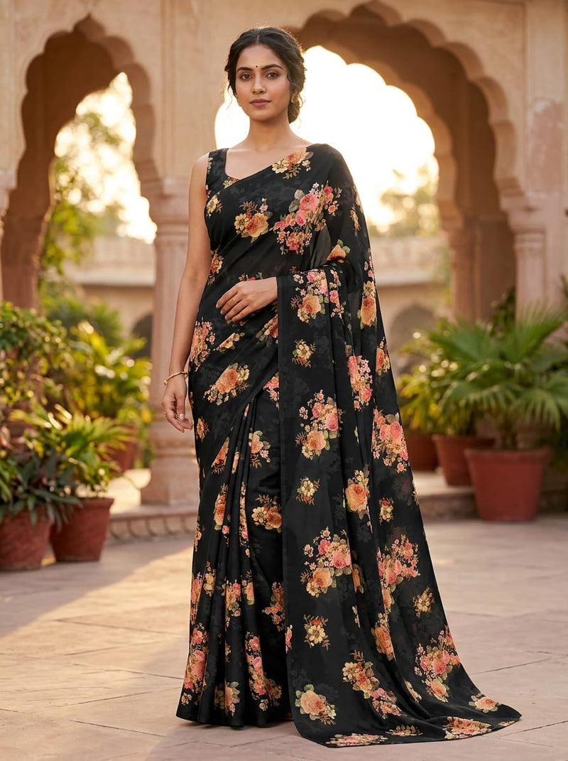 Black Classic Rose Floral Bouquet Weightless Digital Printed Fabric