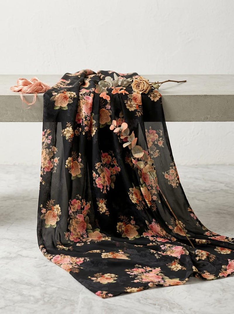 Black Classic Rose Floral Bouquet Weightless Digital Printed Fabric