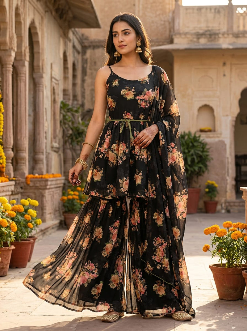Black Classic Rose Floral Bouquet Weightless Digital Printed Fabric