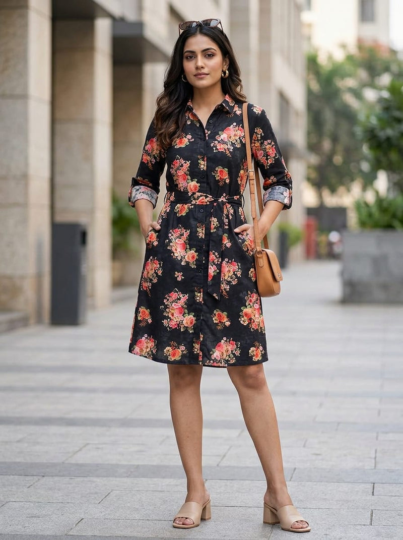 Black Vintage Floral Bouquet Pure Cotton Digital Printed Fabric