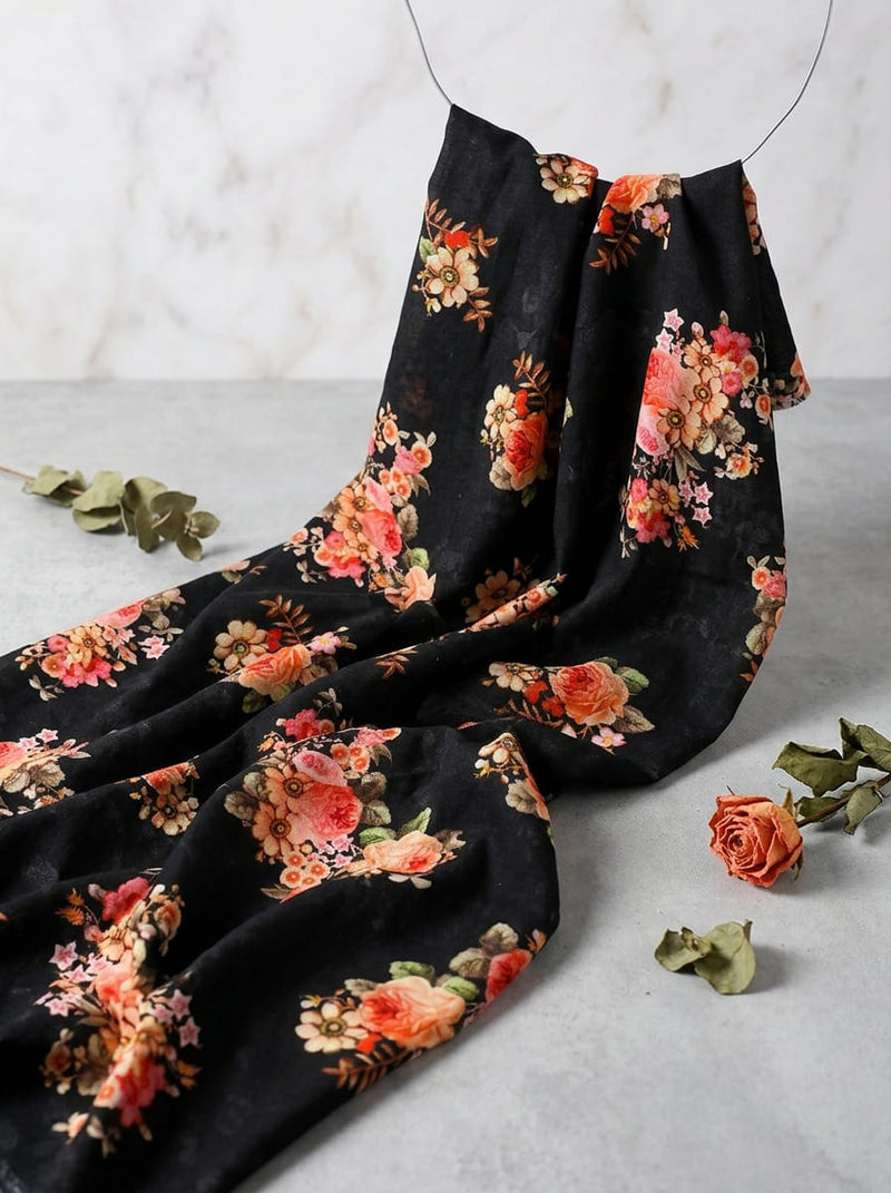 Black Vintage Floral Bouquet Pure Cotton Digital Printed Fabric