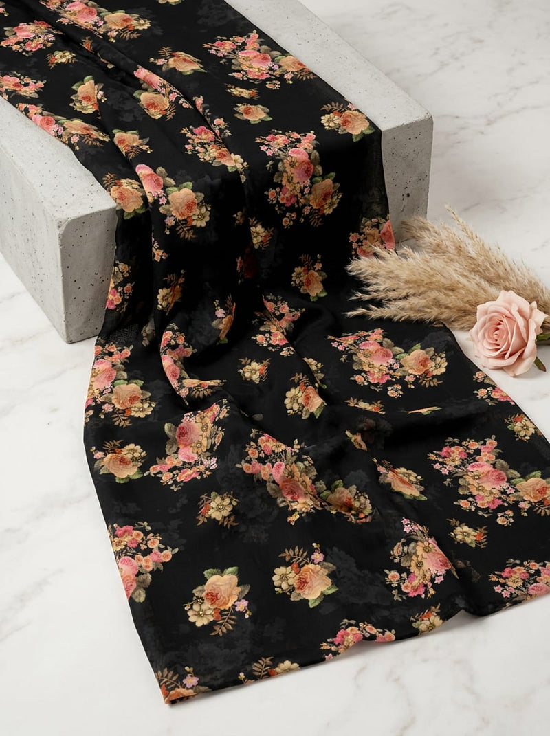 Black Vintage Rose Bouquet Pure Muslin Digital Printed Fabric