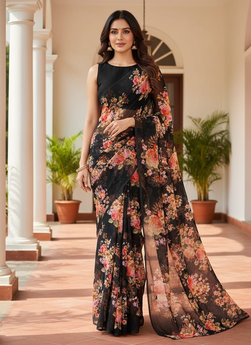 Unique Seamless Multitype Flower Digital Printed Fabric - Pure Georgette