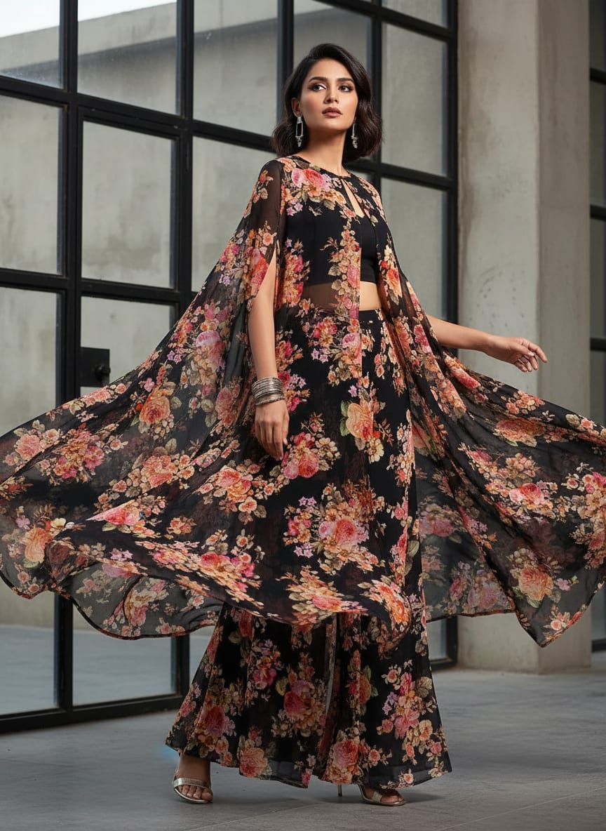 Black Vintage Floral Bouquet Pure Georgette Digital Printed Fabric