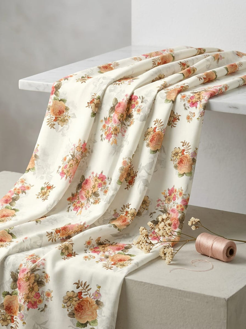 Cream Vintage Floral Bouquets Weightless Digital Printed Fabric