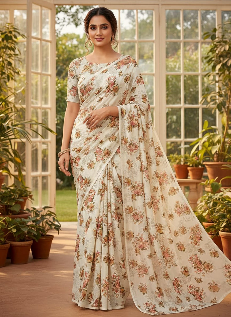 Classic Multicolor Roses With Leaves Digital Printed Fabric - Silk Crepe