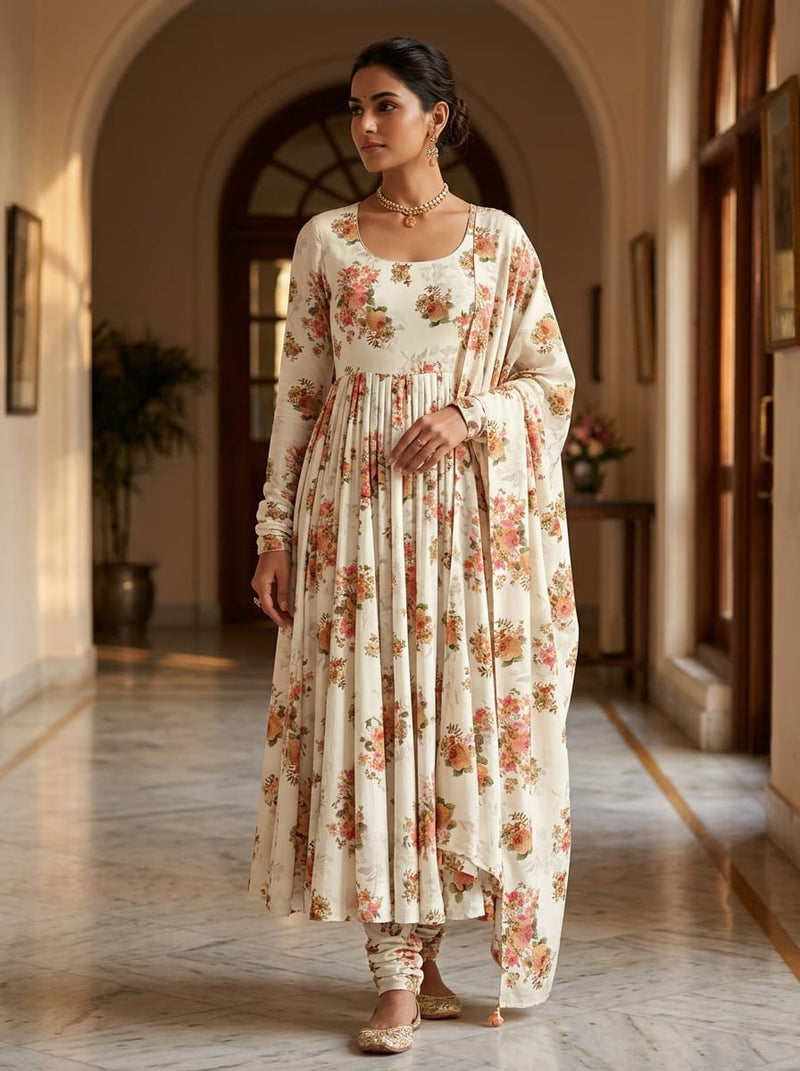 Cream Vintage Rose Floral Silk Crepe Digital Printed Fabric