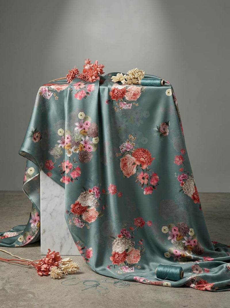 Teal Vintage Floral Bouquets Japan Satin Digital Printed Fabric