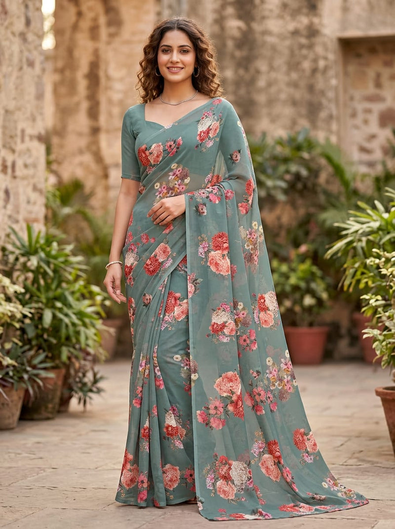 Teal Painterly Floral Bouquets Weightless Digital Printed Fabric
