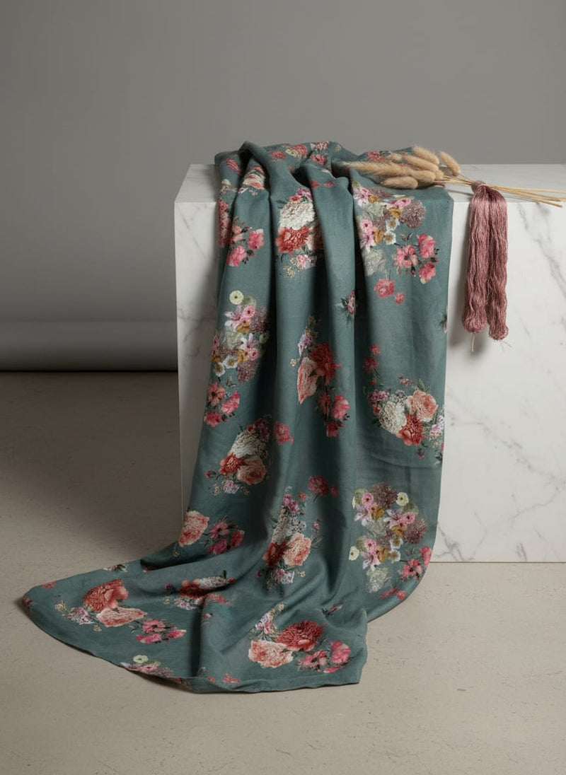 Colorful Roses With Multicolor Branch Digital Printed Fabric - Poly Muslin