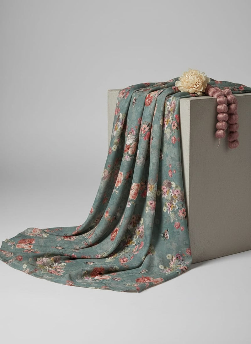 Colorful Roses With Multicolor Branch Digital Printed Fabric - Silk Crepe