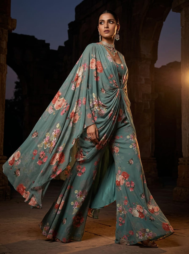 Teal Vintage Floral Bouquets Silk Crepe Digital Printed Fabric