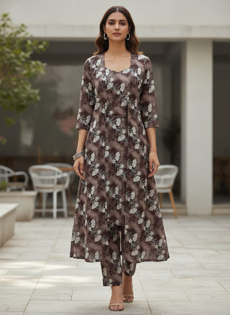 Watercolor Blooming Flower Brown Flower Digital Printed Fabric - Kora Silk