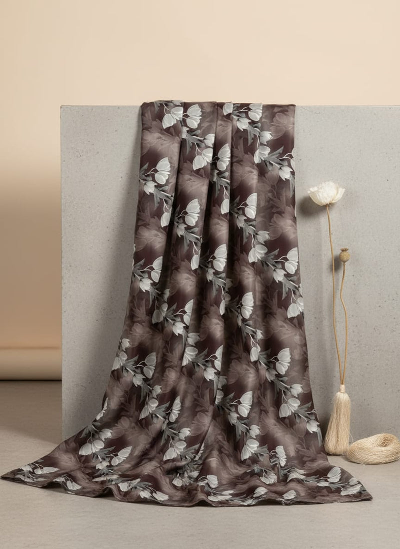 Watercolor Blooming Flower Brown Flower Digital Printed Fabric - Kora Silk