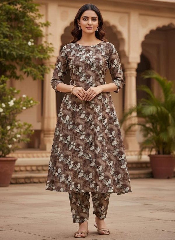 Watercolor Blooming Flower Brown Flower Digital Printed Fabric - Kora Silk - A-Line Kurta with Salwar Lookbook - KS-0-TA08146P3-110 - alternate view