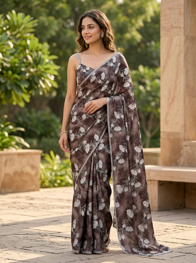 Brown White Tulip Floral Silk Crepe Digital Printed Fabric