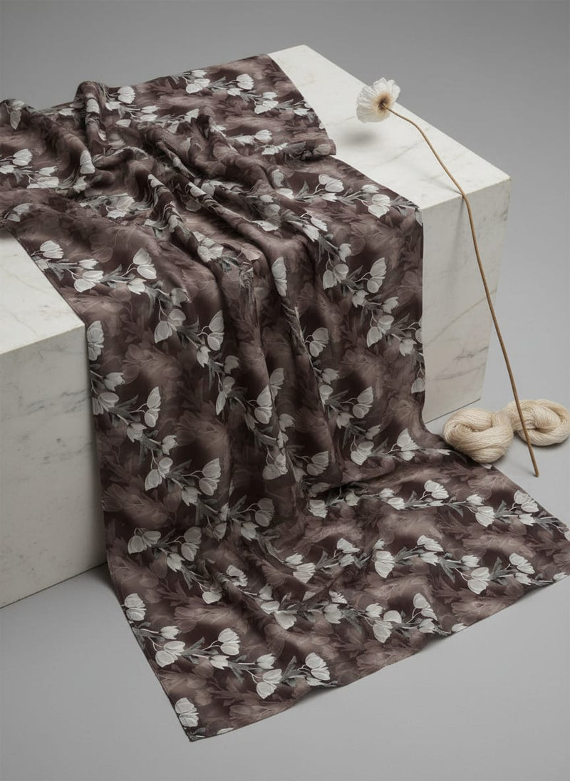 Watercolor Blooming Flower Brown Flower Digital Printed Fabric - Silk Crepe