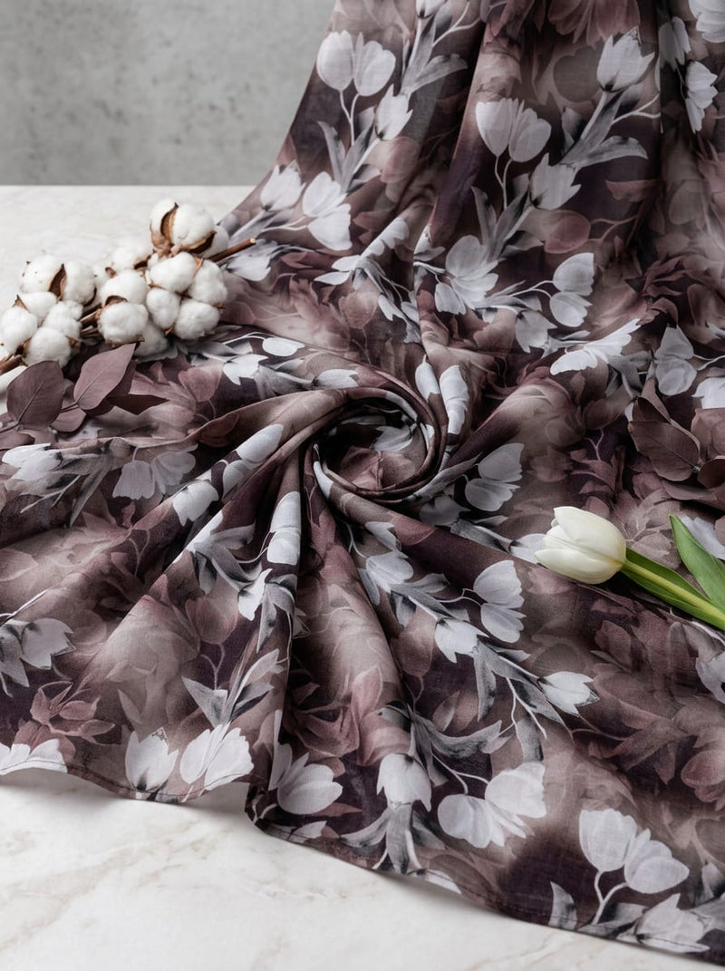 Brown Vintage Tulip Floral Pure Cotton Digital Printed Fabric