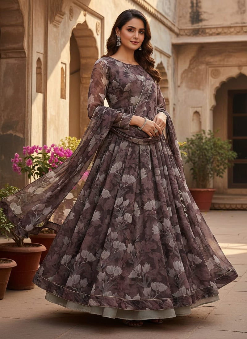 Watercolor Blooming Flower Brown Flower Digital Printed Fabric - Pure Georgette