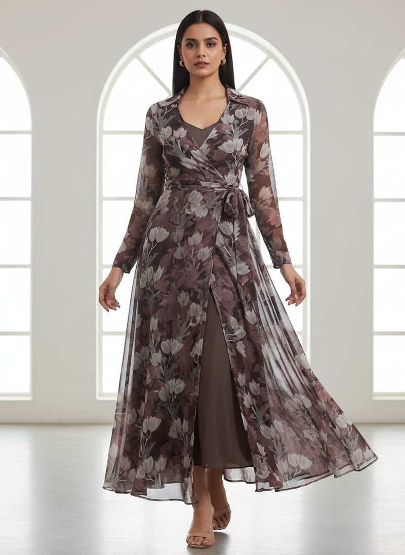 Watercolor Blooming Flower Brown Flower Digital Printed Fabric - Pure Georgette