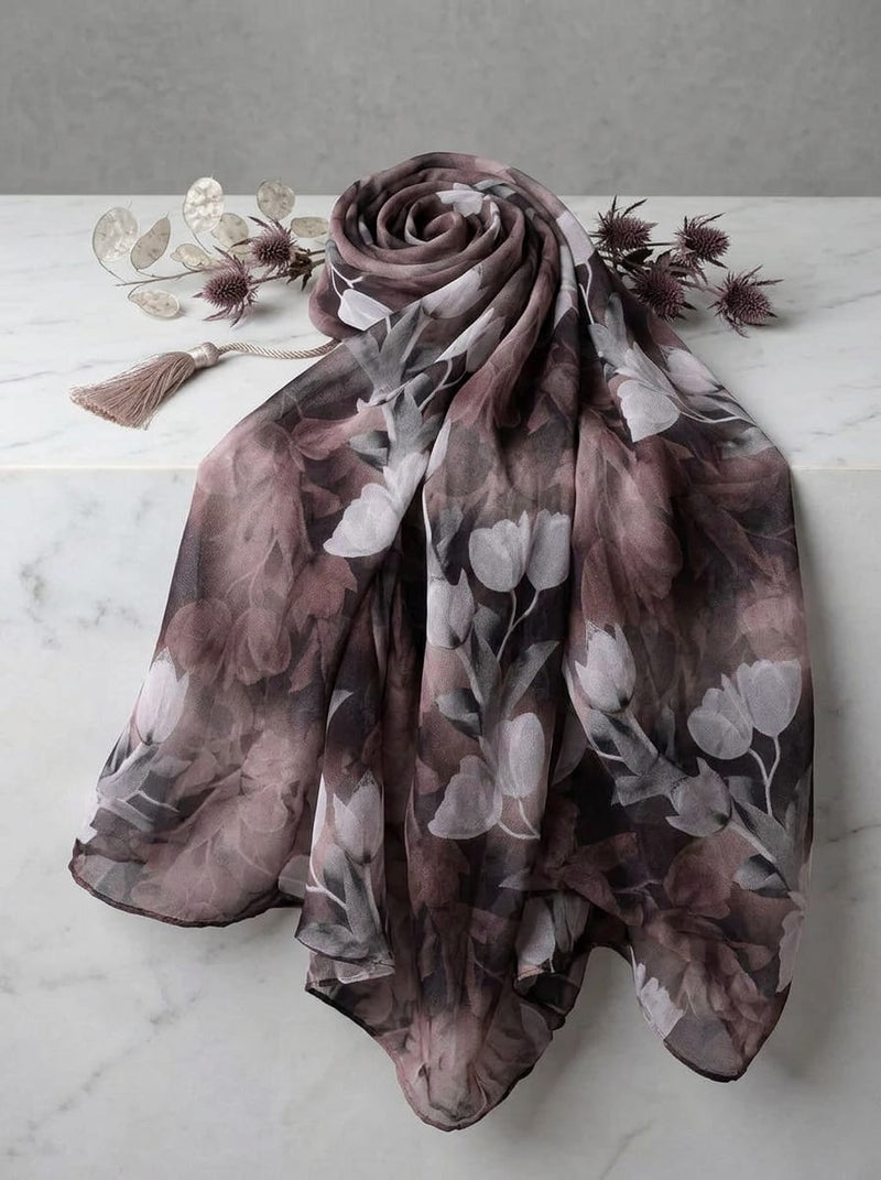 Brown Misty Tulip Floral Pure Georgette Digital Printed Fabric