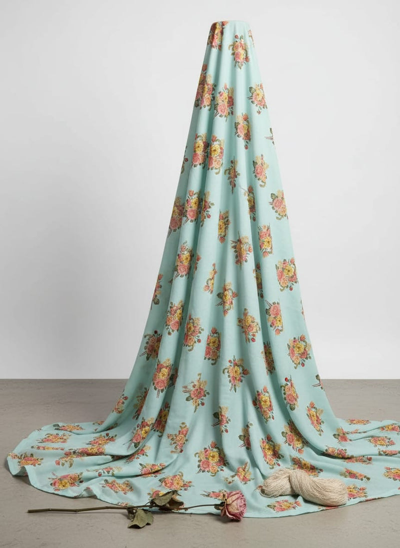 Decorative Peony Roses With Daisy Flower Digital Printed Fabric - Poly Muslin