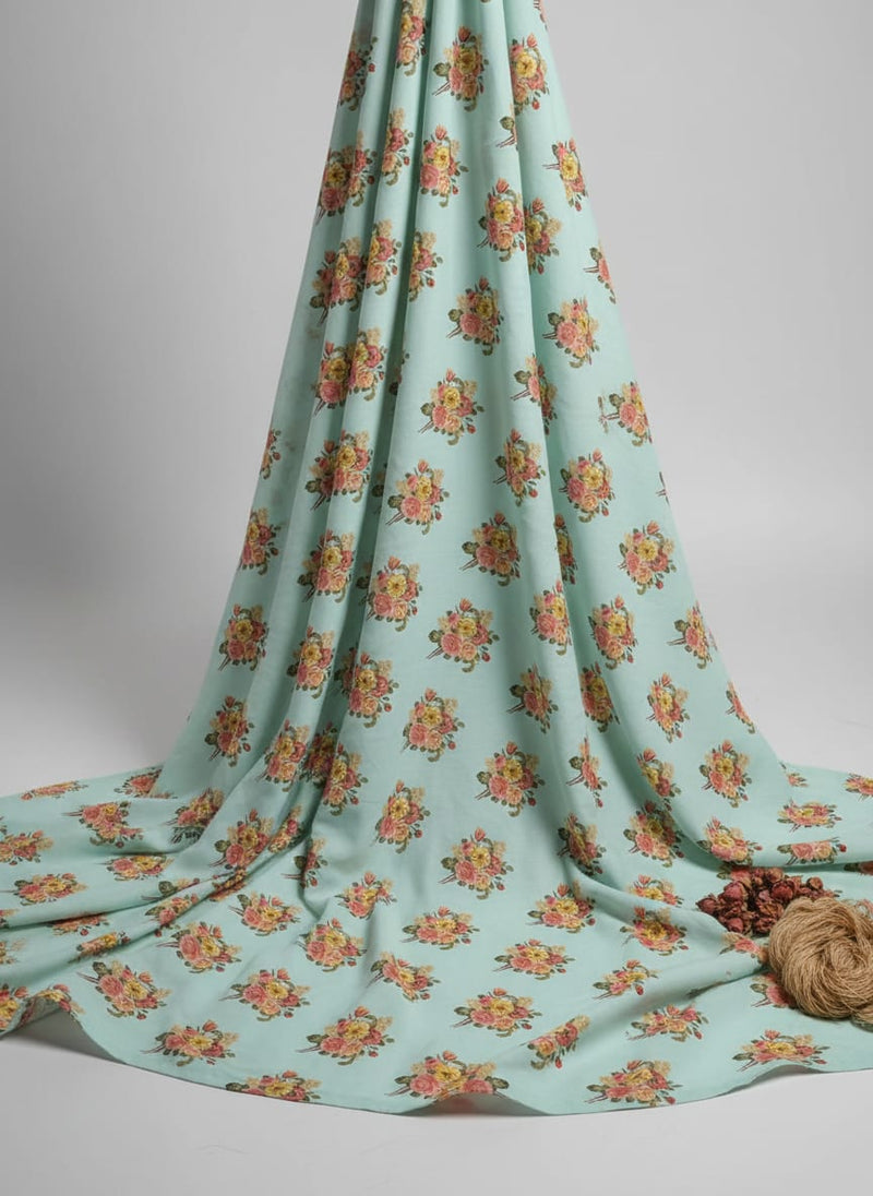 Decorative Peony Roses With Daisy Flower Digital Printed Fabric - Pure Muslin