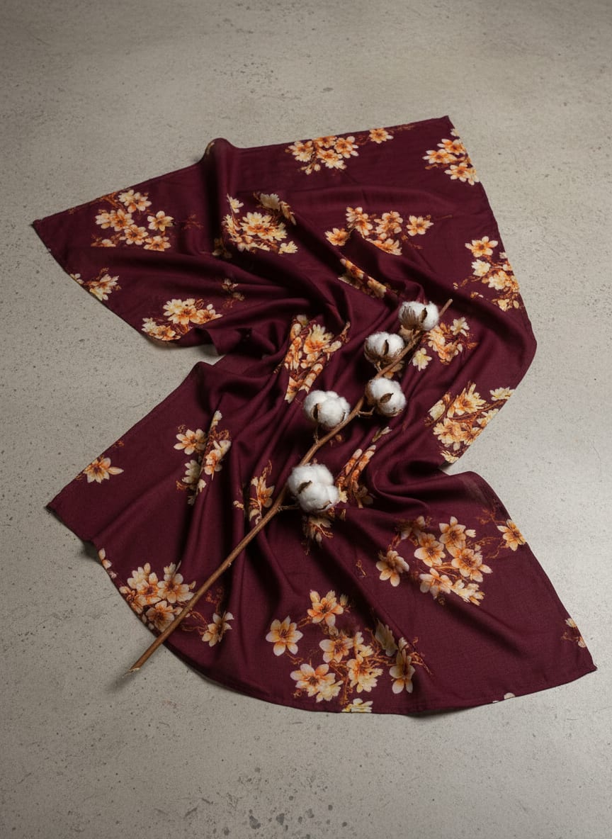 Maroon Yellow White Blossom Floral Muslin Digital Printed Fabric