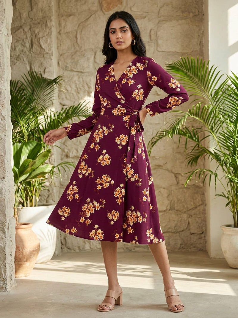 Maroon Ditsy Floral Blossom Silk Crepe Digital Printed Fabric