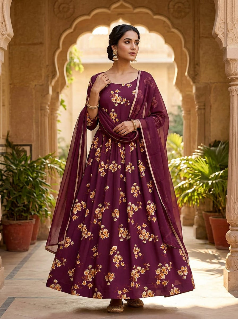 Maroon Ditsy Floral Blossom Silk Crepe Digital Printed Fabric