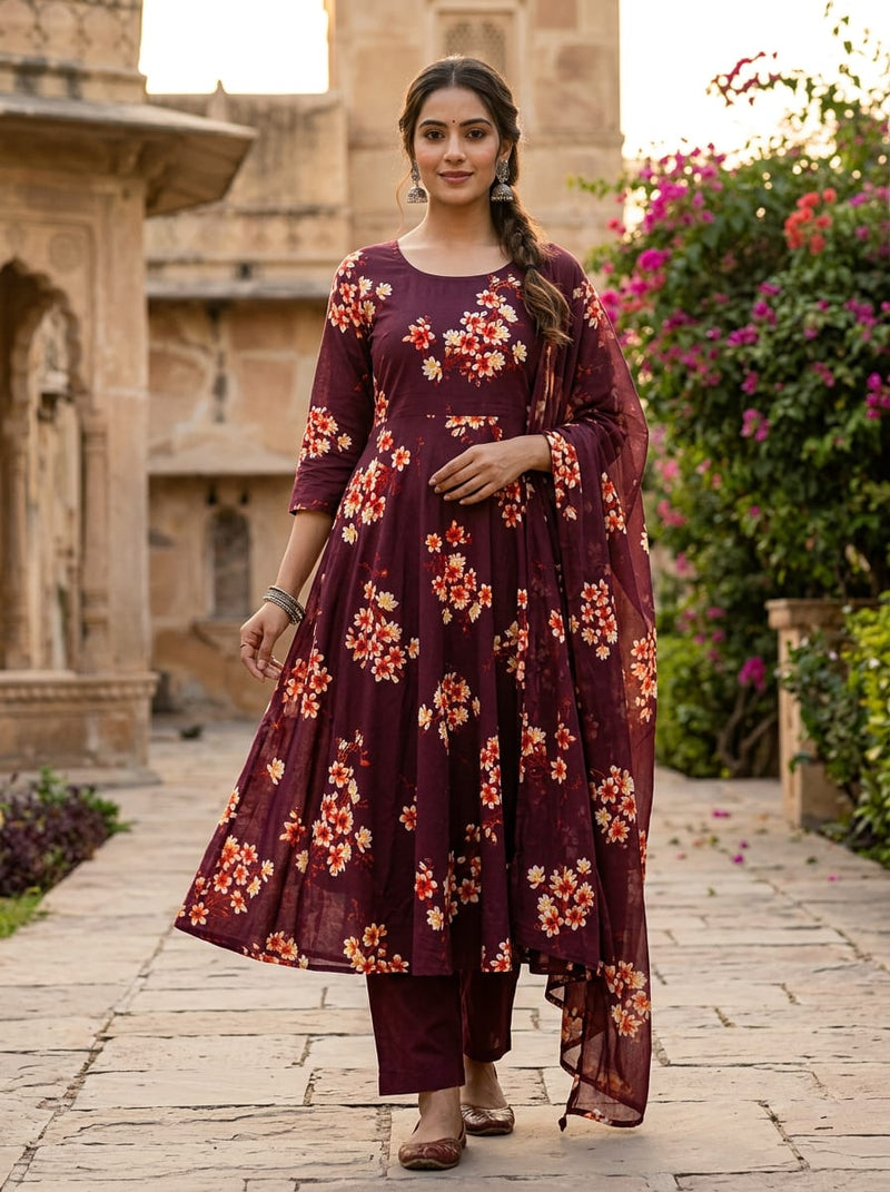 Maroon Ditsy Floral Clusters Pure Cotton Digital Printed Fabric