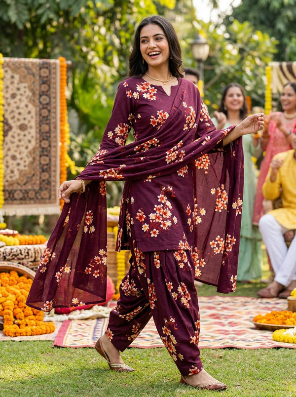 Maroon Ditsy Floral Clusters Pure Cotton Digital Printed Fabric - Patiala Salwar Set Lookbook - PCO-0-TA08510D-108 - alternate view