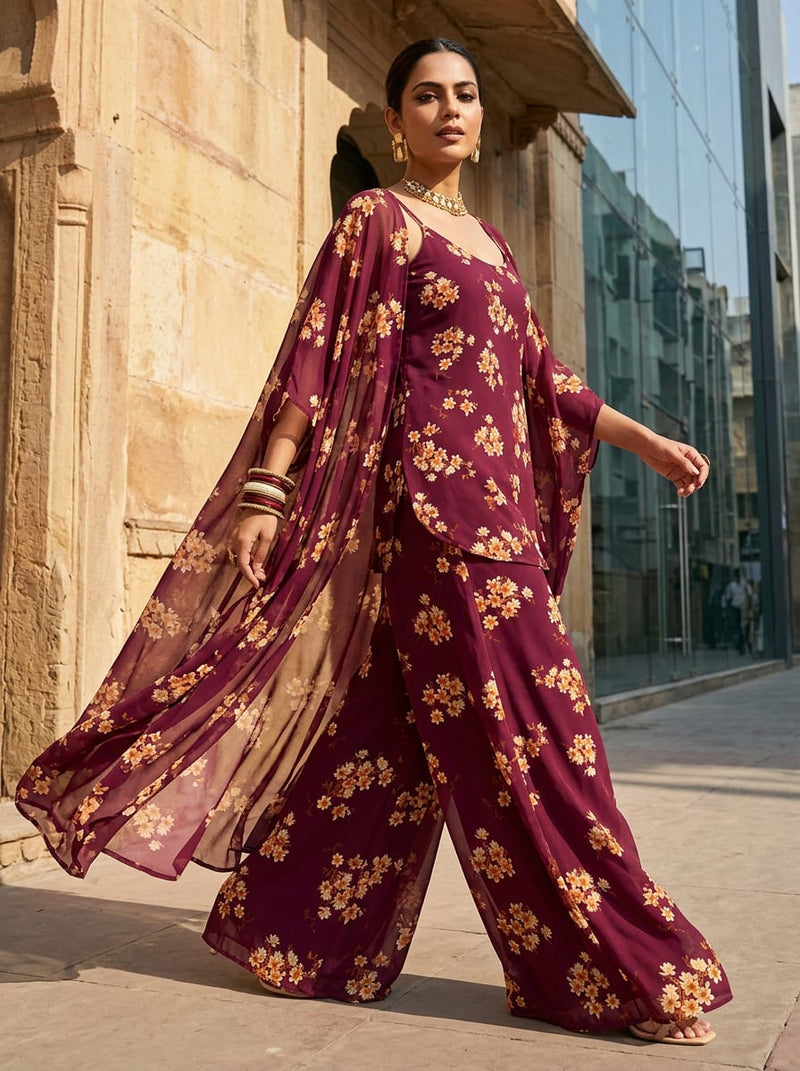 Maroon Small Floral Clusters Pure Georgette Digital Printed Fabric