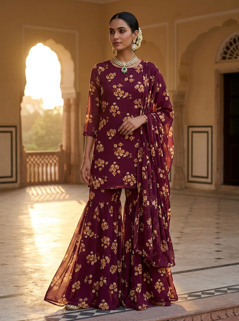Maroon Small Floral Clusters Pure Georgette Digital Printed Fabric