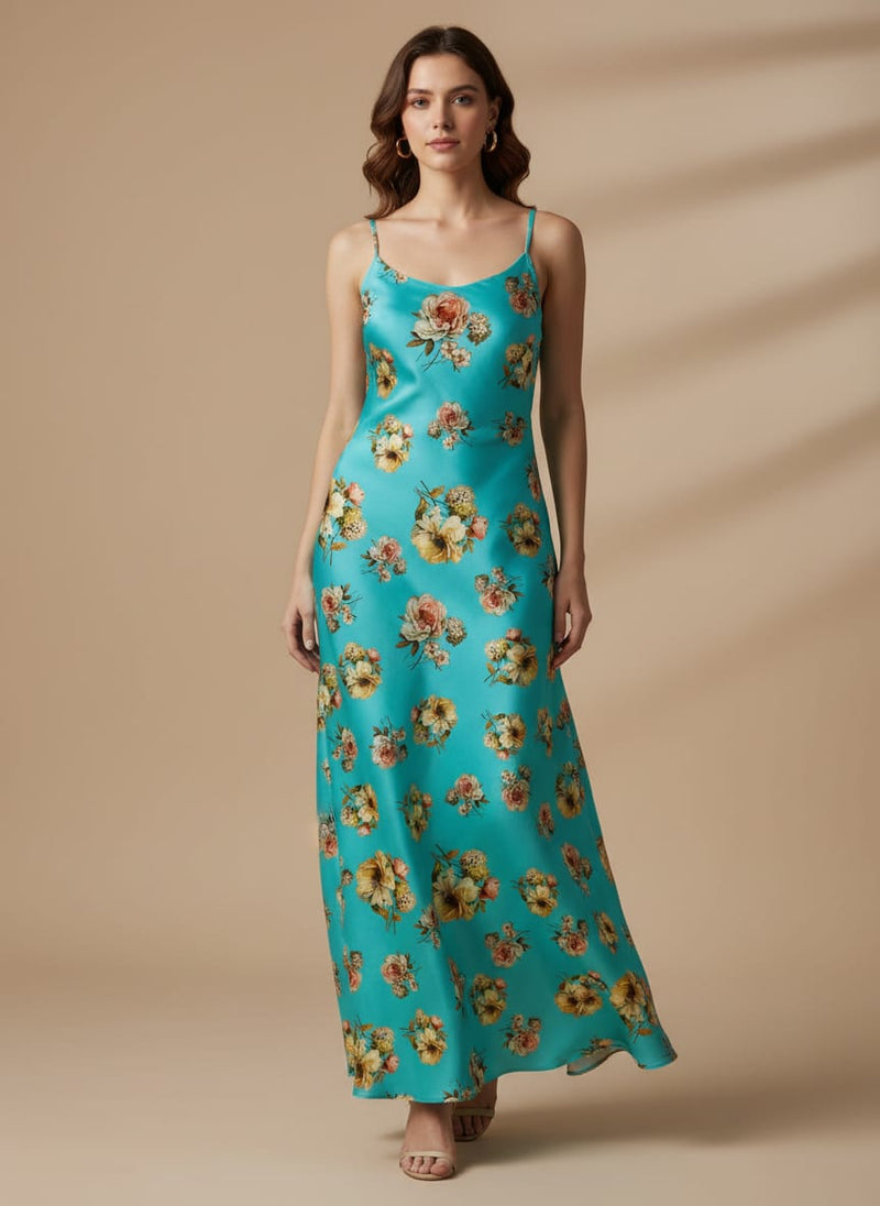 Lovely Periwinkle Flower With Blue Turquoise Digital Printed Fabric - Japan Satin