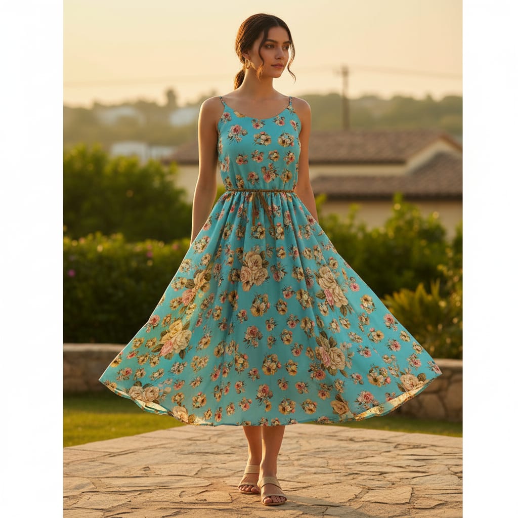 Lovely Periwinkle Flower With Blue Turquoise Digital Printed Fabric - Kora Silk