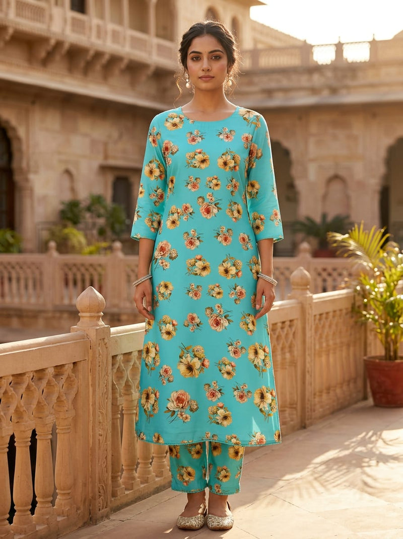Blue Scattered Floral Bouquets Kora Silk Digital Printed Fabric