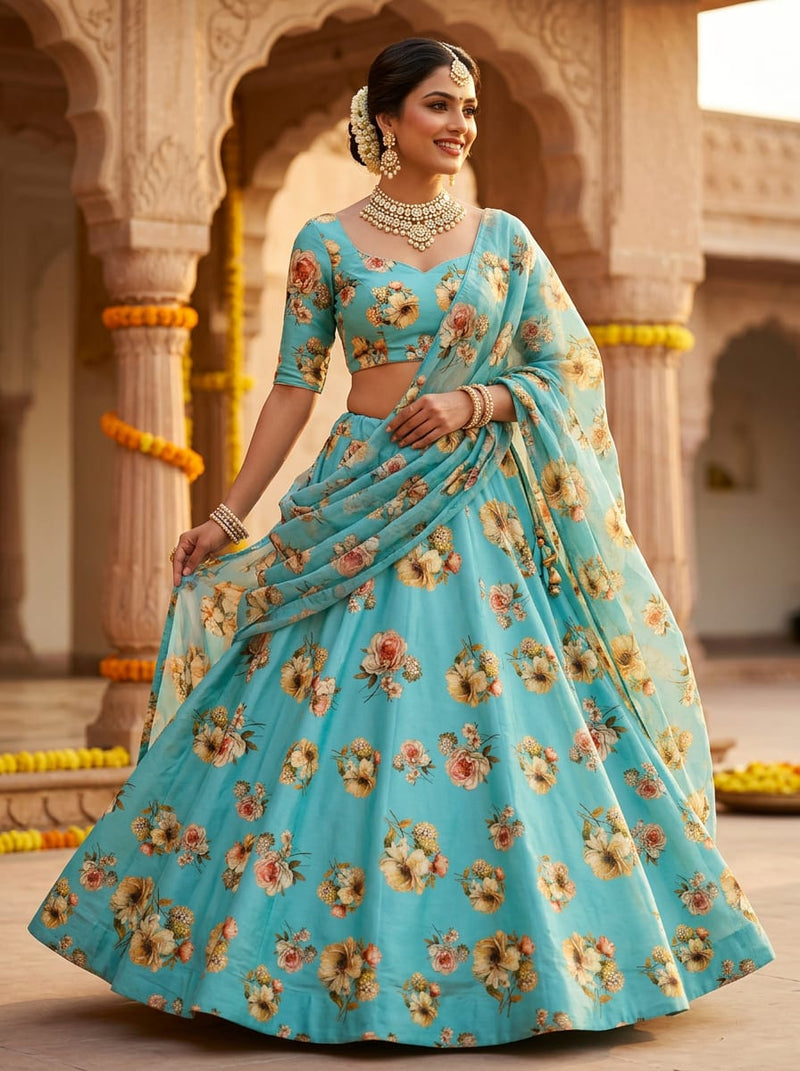 Blue Scattered Floral Bouquets Kora Silk Digital Printed Fabric