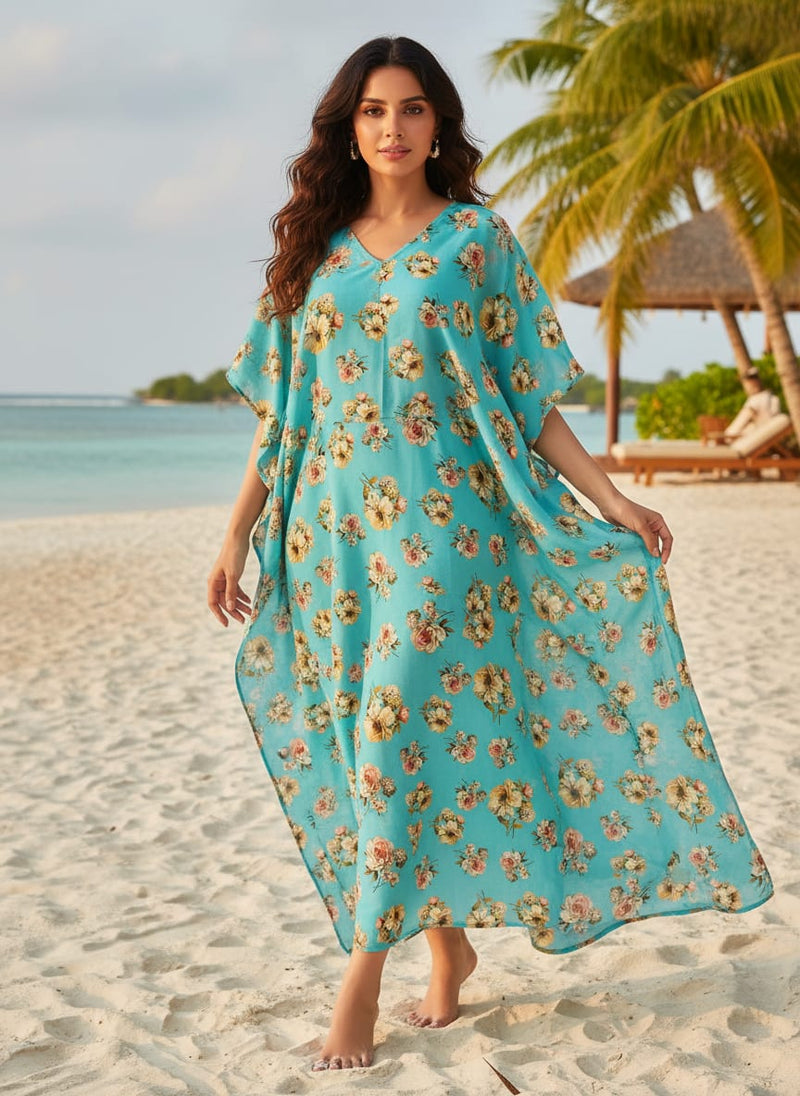 Lovely Periwinkle Flower With Blue Turquoise Digital Printed Fabric - Poly Muslin