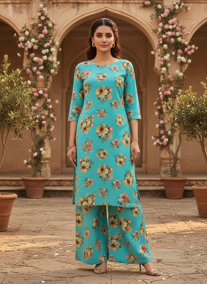 Lovely Periwinkle Flower With Blue Turquoise Digital Printed Fabric - Pure Cotton