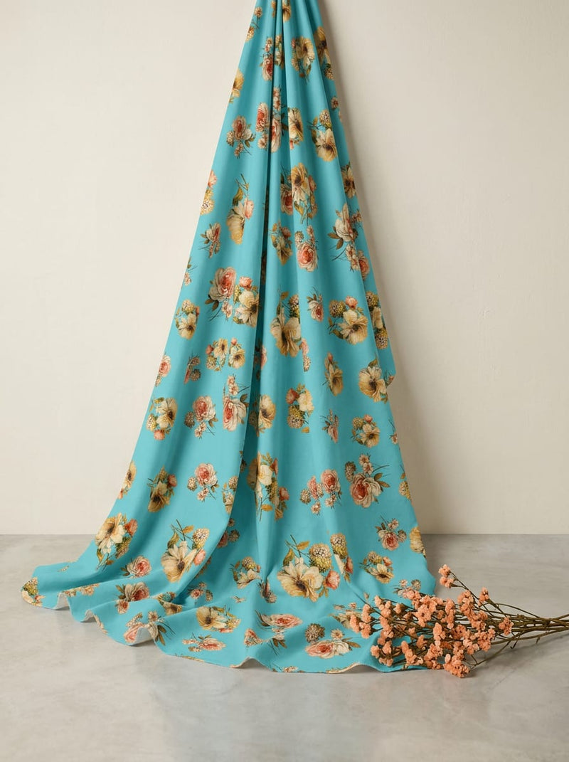 Blue Vintage Rose Bouquets Pure Cotton Digital Printed Fabric