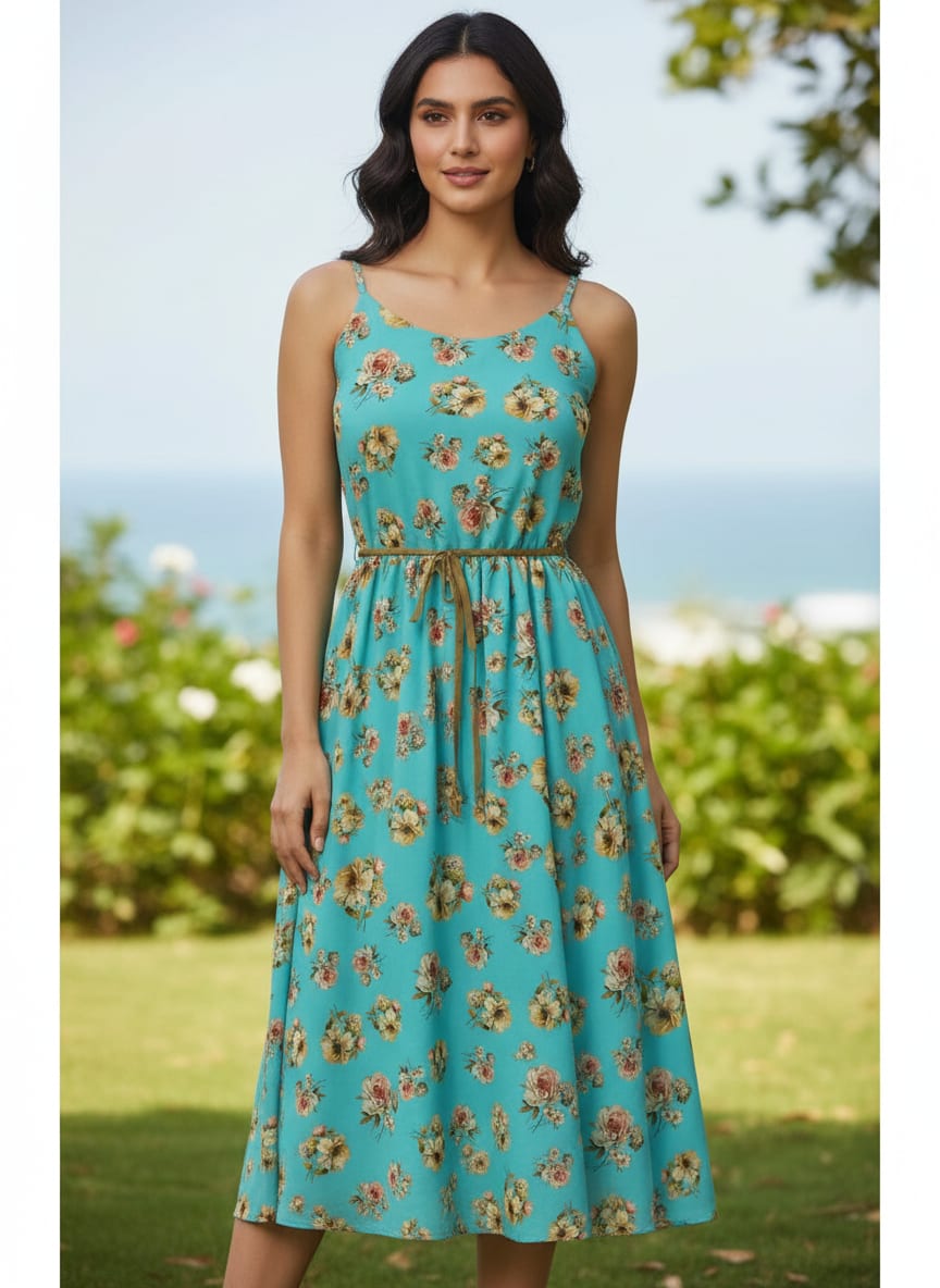Lovely Periwinkle Flower With Blue Turquoise Digital Printed Fabric - Pure Georgette