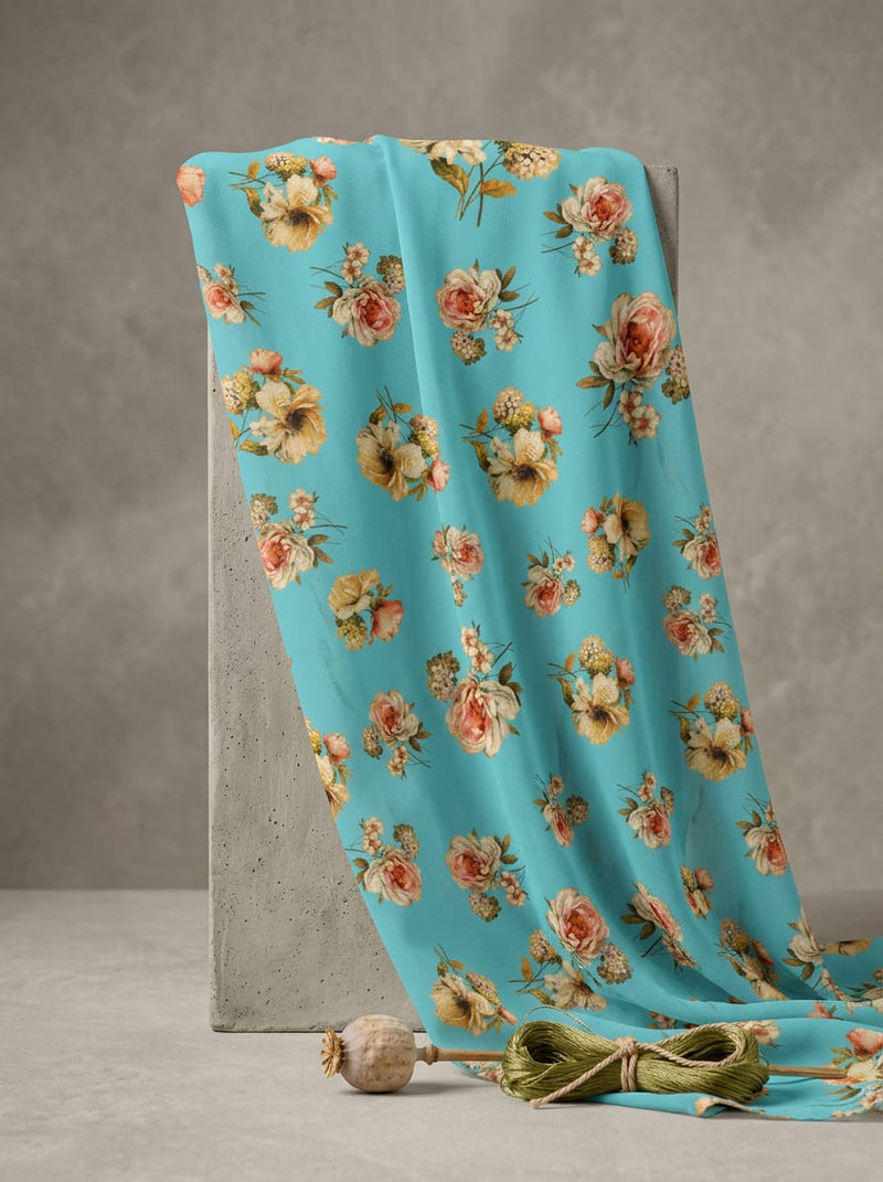 Blue Vintage Botanical Floral Pure Georgette Digital Printed Fabric