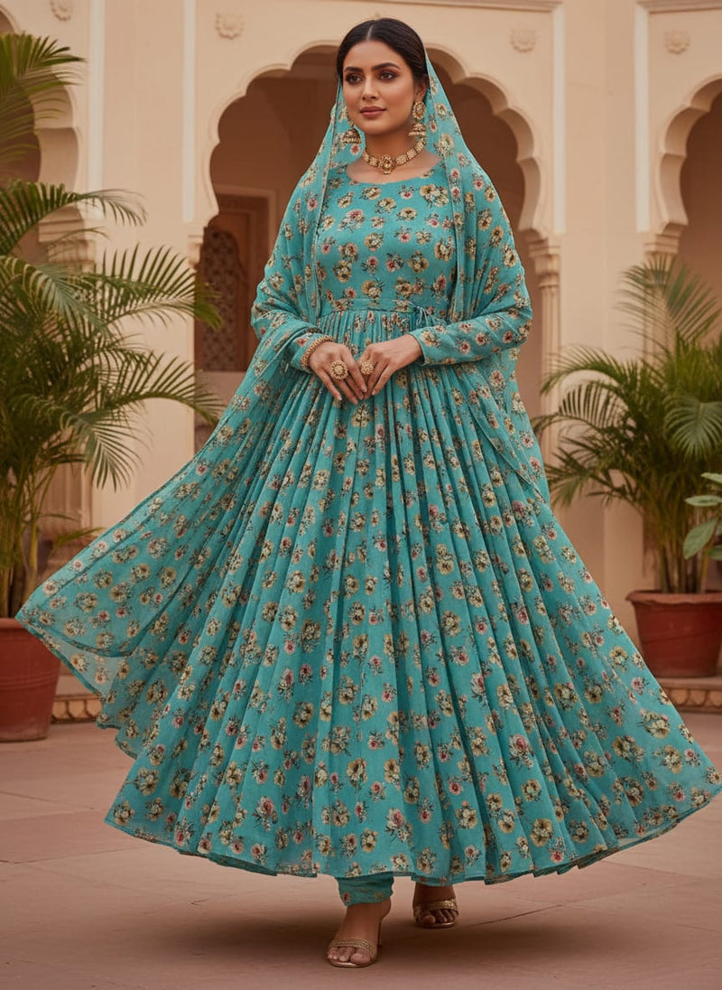 Lovely Periwinkle Flower With Blue Turquoise Digital Printed Fabric - Pure Georgette