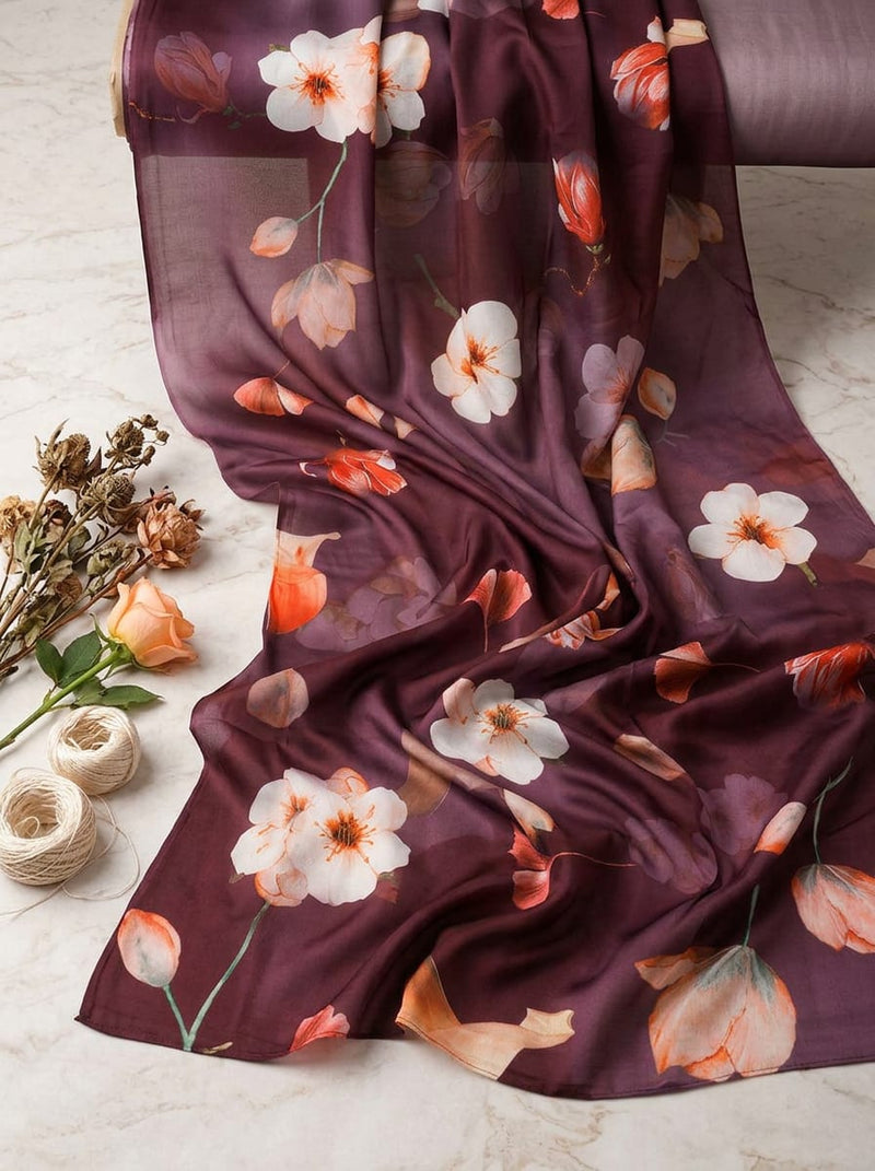 Maroon Blossom and Ginkgo Floral Kora Silk Digital Printed Fabric