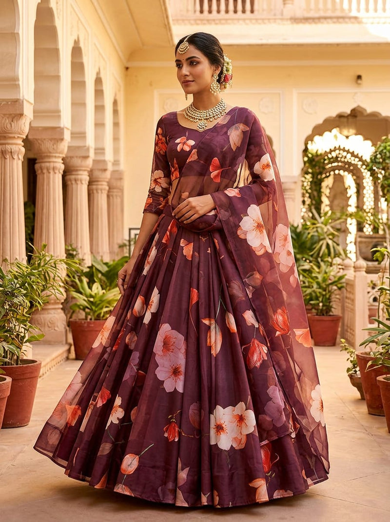 Maroon Blossom and Ginkgo Floral Kora Silk Digital Printed Fabric