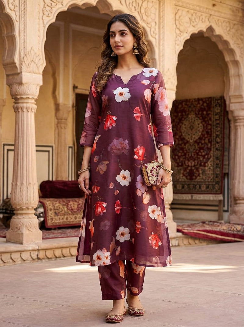Maroon Blossom and Ginkgo Floral Kora Silk Digital Printed Fabric