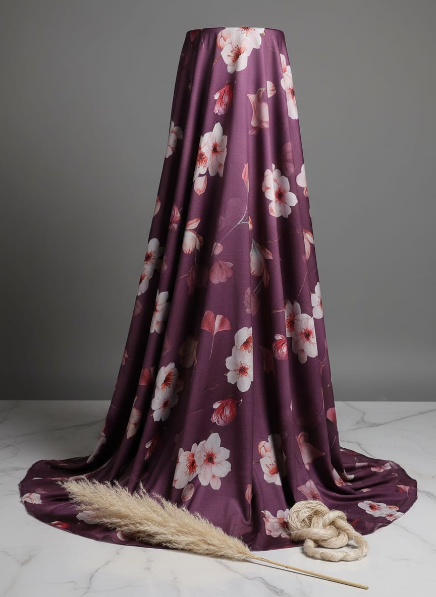 Shiny Red Tulip With Cherry Blossom Flower Digital Printed Fabric - Silk Crepe