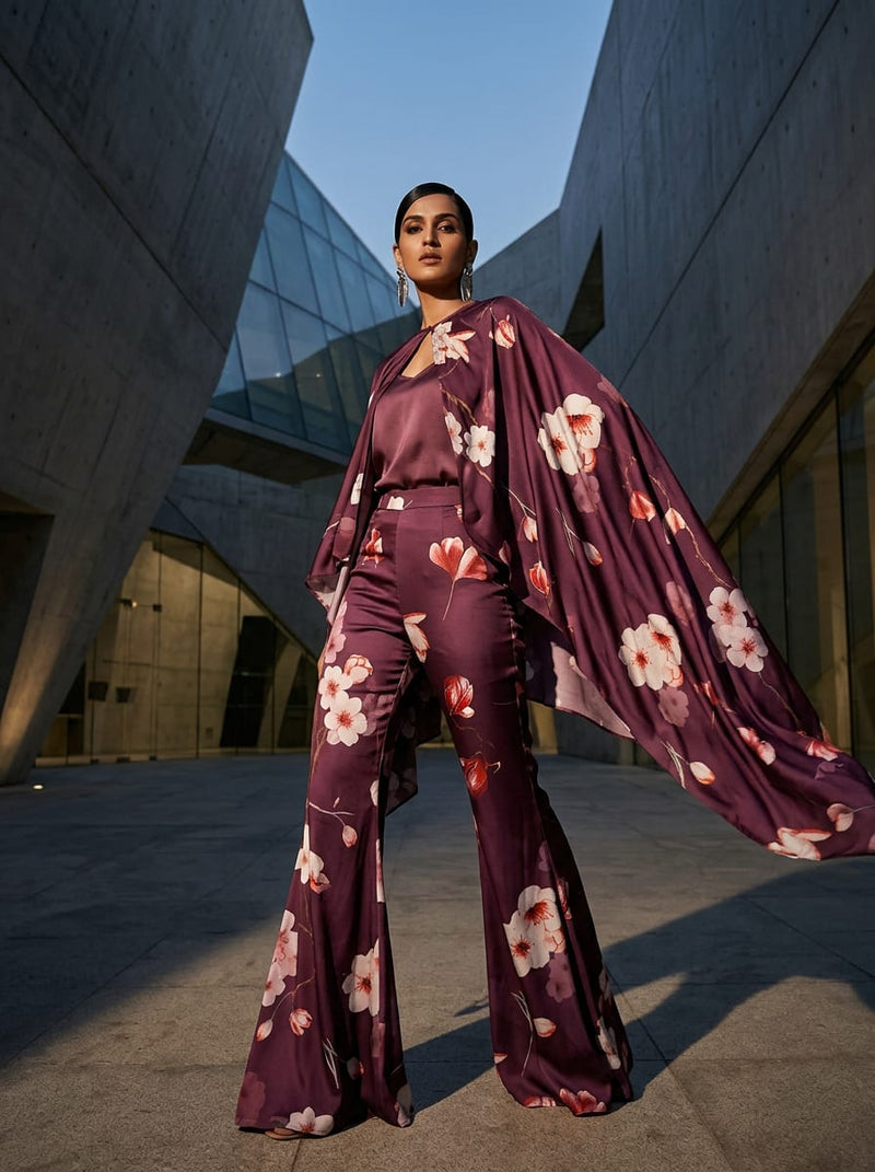Maroon Watercolor Floral Blossoms Silk Crepe Digital Printed Fabric