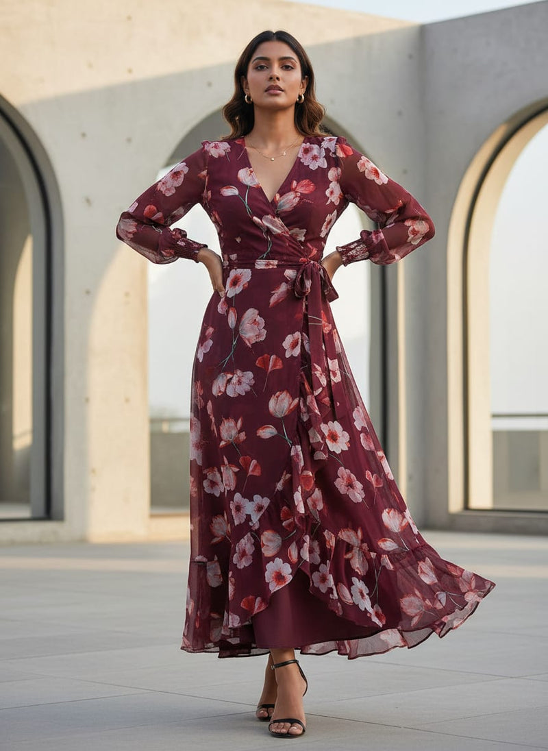 Shiny Red Tulip With Cherry Blossom Flower Digital Printed Fabric - Pure Georgette